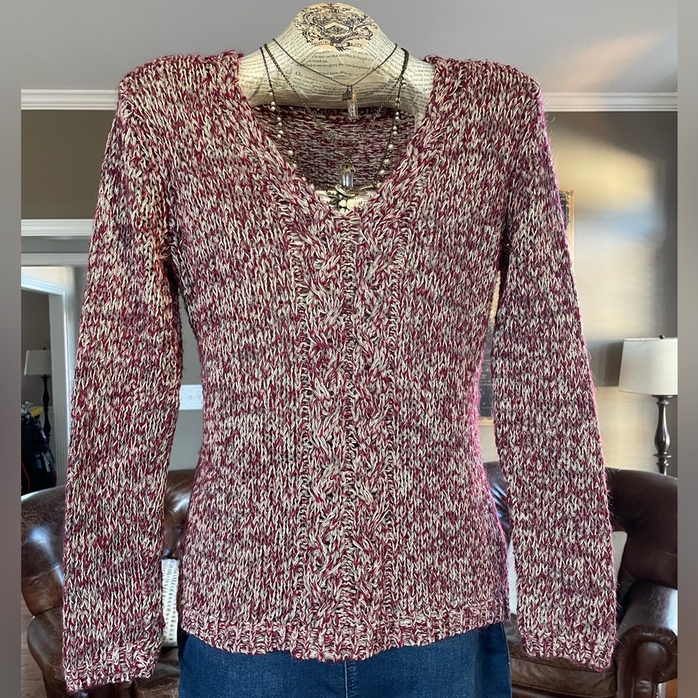 Boston Proper Wine, Grey and White Cable V-Neck Sweater